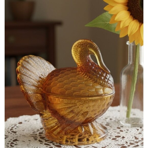 Vintage LE Smith 7” Amber Tom Turkey Glass Lidded Covered Candy Dish MCM 1960s - Picture 1 of 8